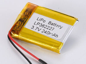 LP362227 3.7V 240mAh Lithium Polymer Battery dengan kepadatan energi tinggi 150-200 Wh/kg dan arus debit maksimum 0,35A